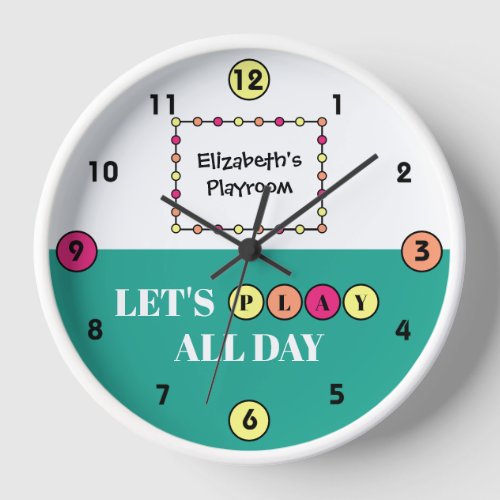 Kids Playroom play all day with name green Clock
