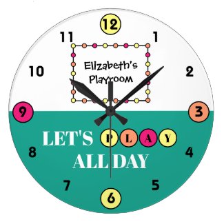 Kids Playroom play all day with name green Large Clock