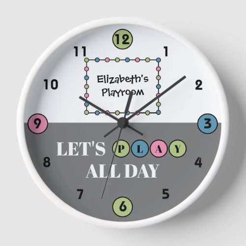Kids Playroom play all day with name grey Clock
