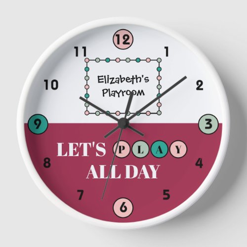 Kids Playroom play all day with name pink Clock