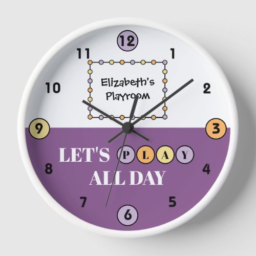 Kids Playroom play all day with name purple Clock