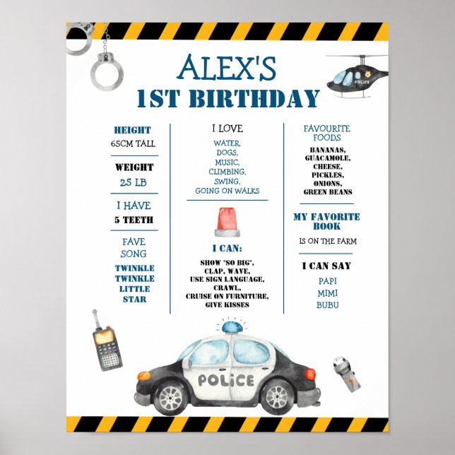Kid's Police Birthday Party First Year Milestone Poster (Front)