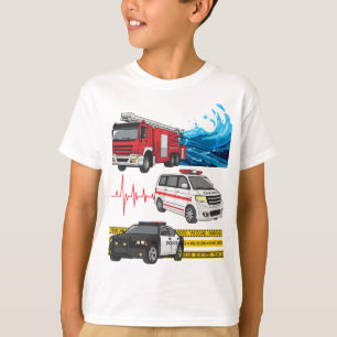 Kids Police Fire Trucks Ambulance Vehicles T-Shirt