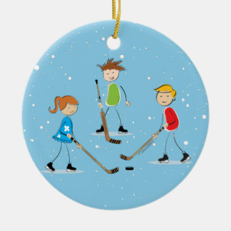 Kids Pond Hockey Christmas Ceramic Ornament