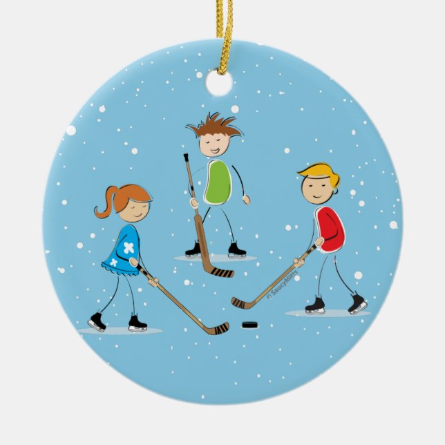 Kids Pond Hockey Christmas Ceramic Ornament (Front)