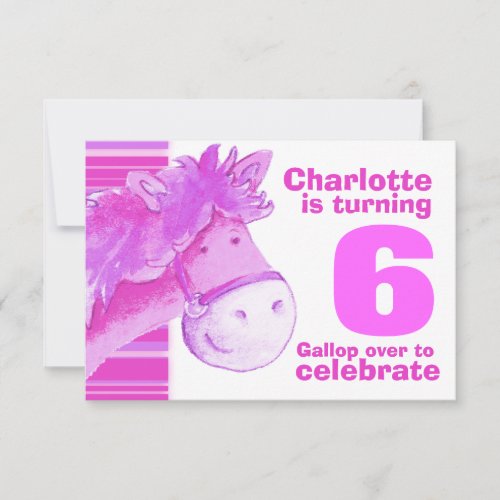 Kids pony 6th birthday pink white birthday invite