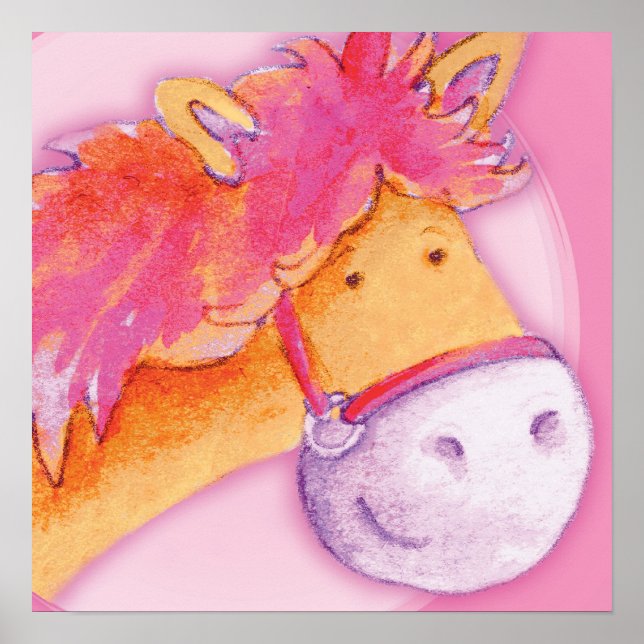 Kids pony art pink & orange square poster print (Front)