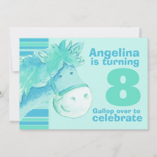 Kids pony treking 8 birthday aqua birthday invite