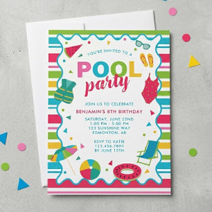 Kids Pool Party Birthday Colorful Summer Swim Invitation