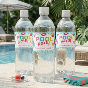 Kids Pool Party Birthday Colorful Summer Swim  Water Bottle Label