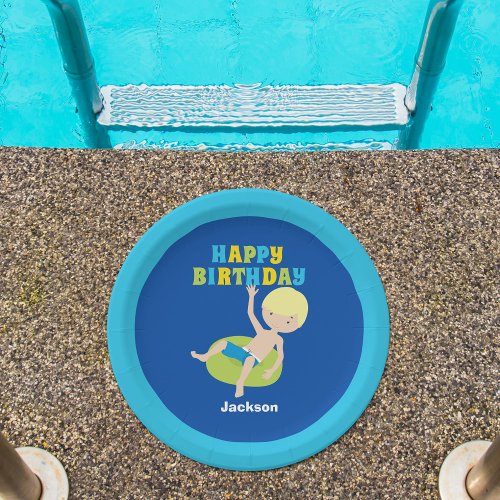 Kids Pool Party Blonde Boy Swimming Birthday Paper Plates