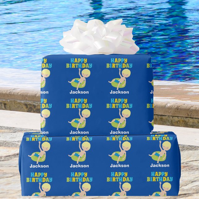 Kids Pool Party Blonde Boy Swimming Birthday Wrapping Paper (Creator Uploaded)