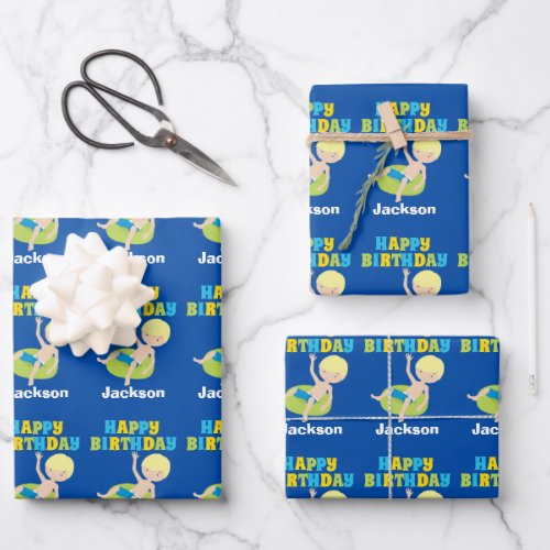 Kids Pool Party Blonde Boy Swimming Birthday Wrapping Paper Sheets