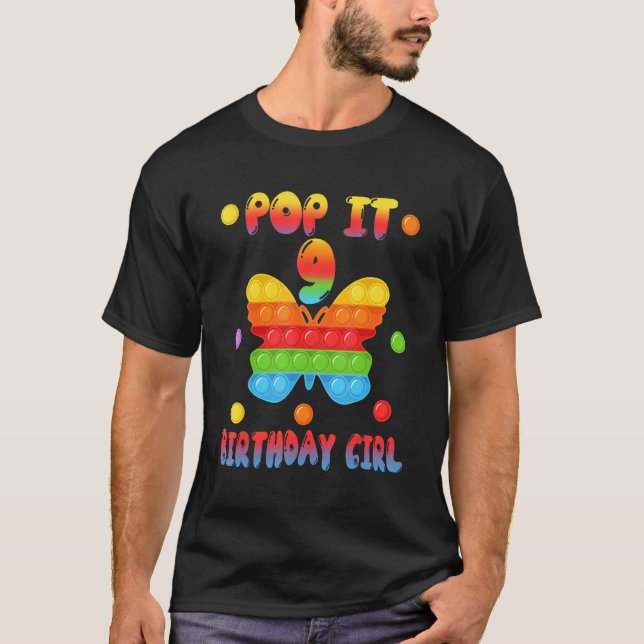 Kids Pop It Birthday Girl 9 Butterfly 9th Years Ol T-Shirt (Front)