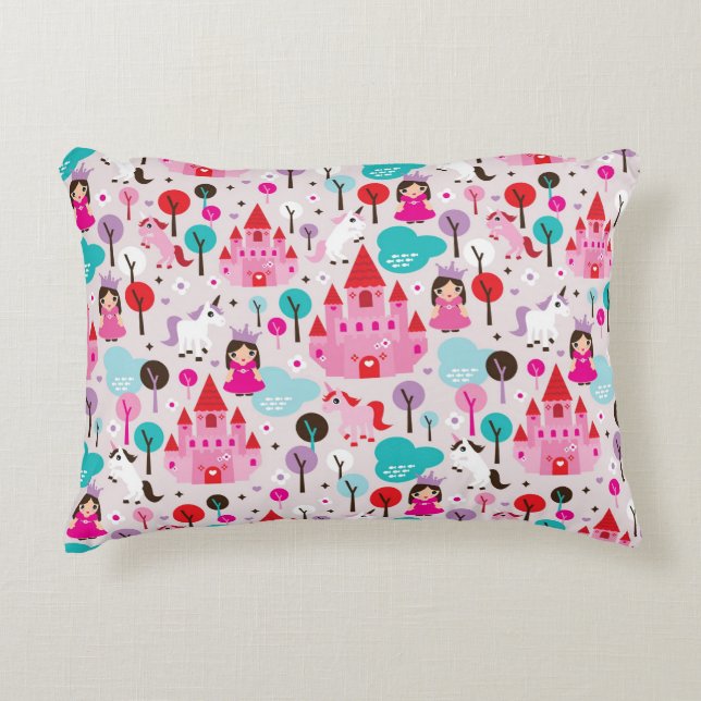 kids princess castle and unicorn decorative pillow (Front)