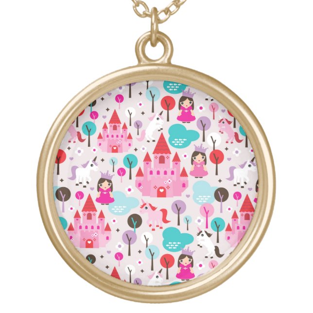 kids princess castle and unicorn gold plated necklace (Front)