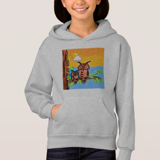 KIDS' PULLOVER HOODIE - CARTOON HORNED OWLS (Front)