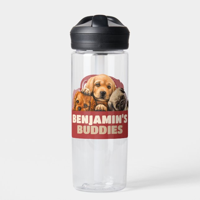 Kid's Puppy Dog Friends Customizable Red Brown Water Bottle (Front)