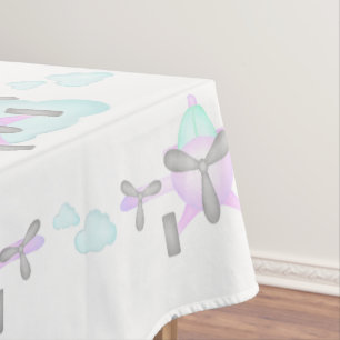 Kids Purple Airplane Flying Aviation Birthday Tablecloth