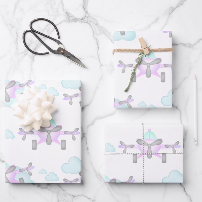 Kids Purple Airplane Flying Aviation Birthday Wrapping Paper Sheets (Front)