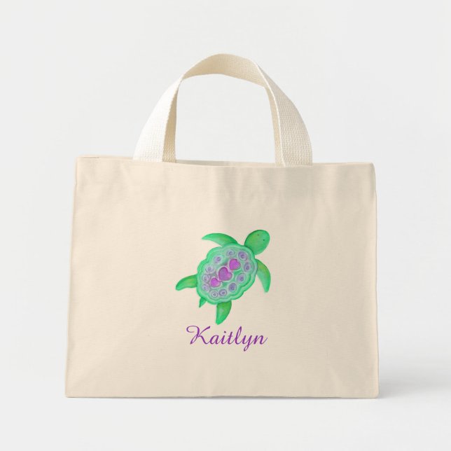 Kids purple and green turtle hearts name bag (Front)