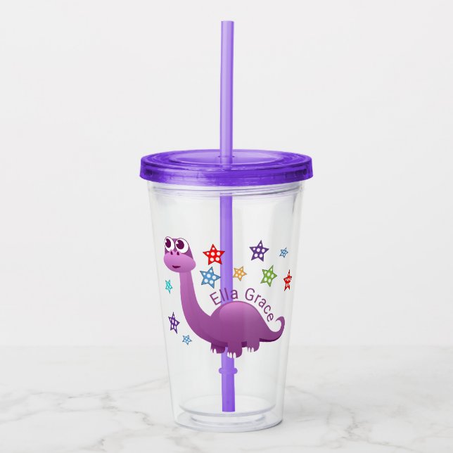 Kids Purple Dinosaur Personalized Acrylic Tumbler (Front)