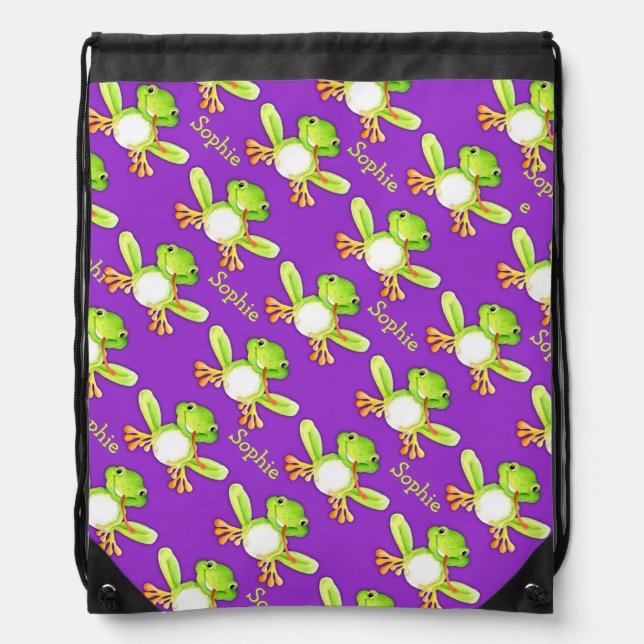 Kids purple frog name pattern drawstring bag (Front)