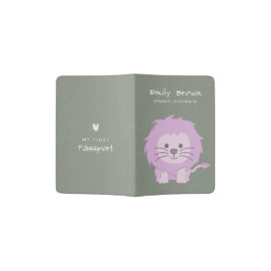 KIDS PURPLE GREY BABY LION PERSONALIZED MY FIRST PASSPORT HOLDER