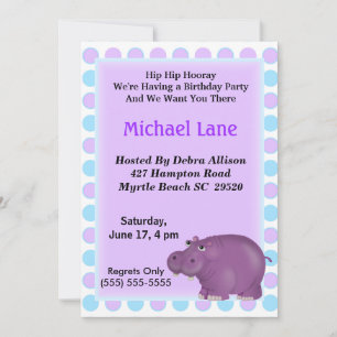 Kids Purple Hippo Birthday Invitation