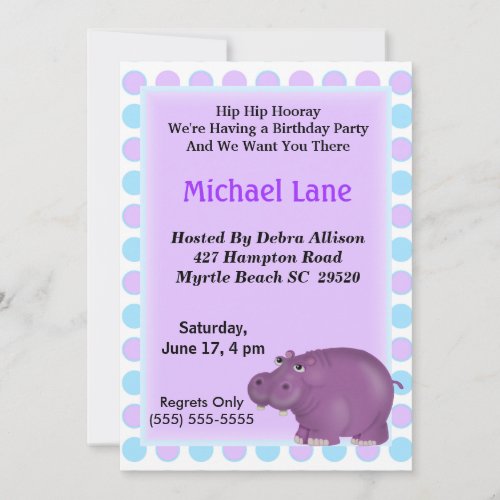 Kids Purple Hippo Birthday  Invitation