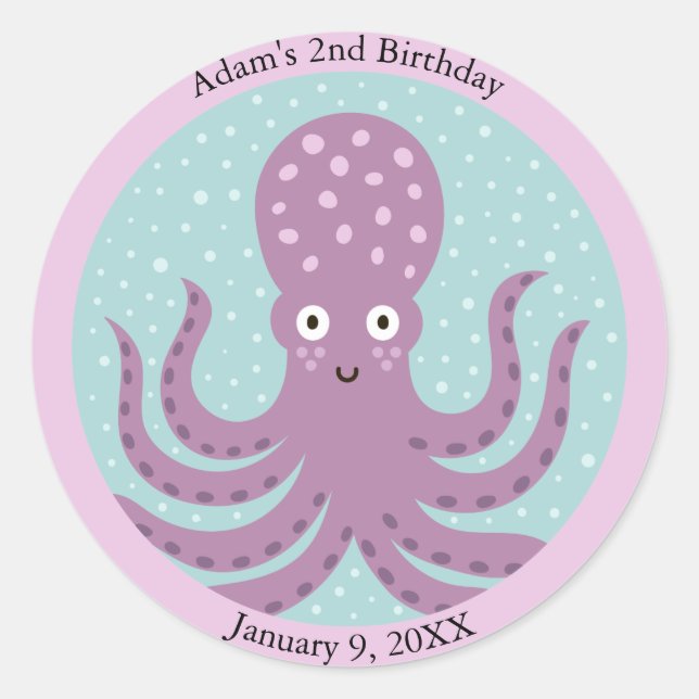 Kids Purple Octopus Under the Sea Birthday Classic Round Sticker (Front)