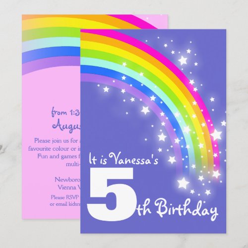 Kids purple pink rainbow 5th birthday invite