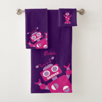 Kids Purple Pink Robot Personalized Fun Bath Towel Set