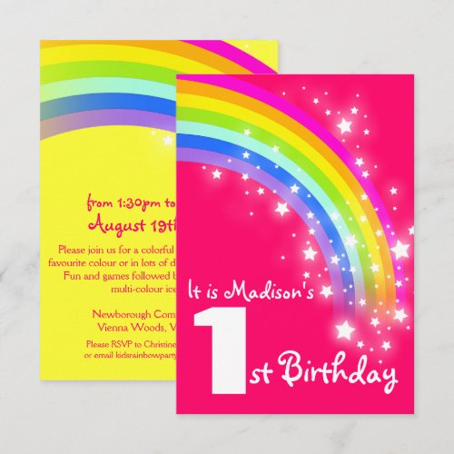 Kids purple rainbow 1st birthday invite