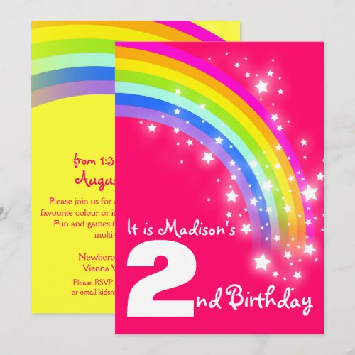 Kids purple rainbow 2nd birthday invite