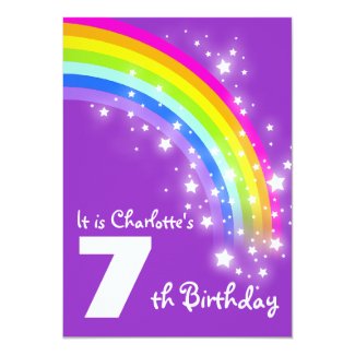 Kids purple rainbow 7th birthday invite
