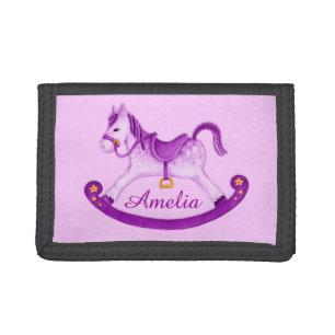 Kids purple rocking horse add your name tri-fold wallet