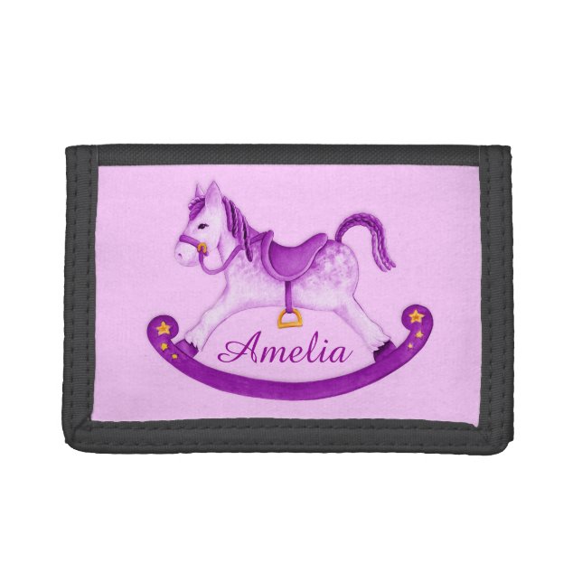 Kids purple rocking horse add your name trifold wallet (Front)