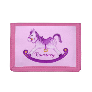 Kids purple rocking horse custom name tri-fold wallet