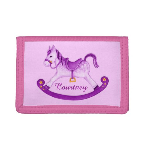Kids purple rocking horse custom name tri_fold wallet