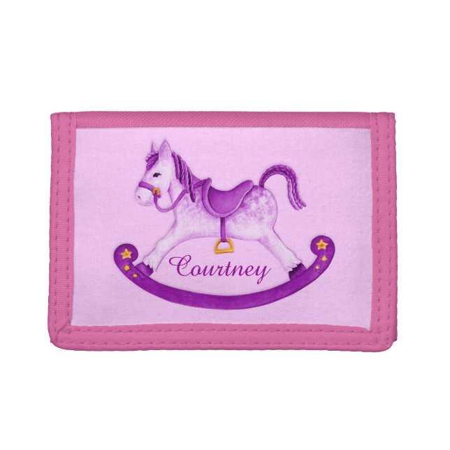 Kids purple rocking horse custom name tri-fold wallet (Front)