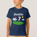 Kid's putt putt mini golf sports Birthday party T-Shirt<br><div class="desc">Kid's putt putt mini golf sports Birthday party T-Shirt. Fun colorful illustration for children. Suitable for boys and girls. Sports themed celebrations with activities for small kids. Cheerful green miniature golf course with flag,  ball,  clouds and sun. Cute typography template. Personalize with name and age number.</div>