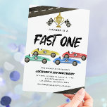 Kids Race Car 1st Birthday Invitation<br><div class="desc">Boys racing 1st birthday invitations featuring a simple white background,  4 watercolor race cars,  roads,  checkered flags,  a trophy,  and a kids birthday celebration template that is easy to customize.</div>