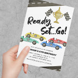 Kids Race Car Any Age Birthday Invitation<br><div class="desc">Boys racing car birthday invitations featuring a simple white background,  4 watercolor race cars,  roads,  checkered flags,  a trophy,  and a kids birthday celebration template that is easy to customize.</div>