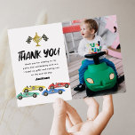 Kids Race Car Birthday Photo Thank You Card<br><div class="desc">Boys racing car birthday thank you cards featuring a simple white background,  4 watercolor race cars,  roads,  checkered flags,  a trophy,  and a modern thank you template that is easy to personalize.</div>