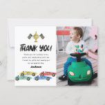 Kids Race Car Birthday Photo Thank You Card<br><div class="desc">Boys racing car birthday thank you cards featuring a simple white background,  4 watercolor race cars,  roads,  checkered flags,  a trophy,  and a modern thank you template that is easy to personalize.</div>