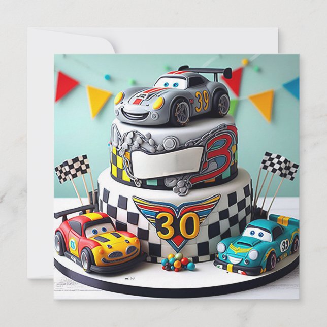 KIDS RACE CAR TOYS BIRTHDAY CAKE CARD (Front)