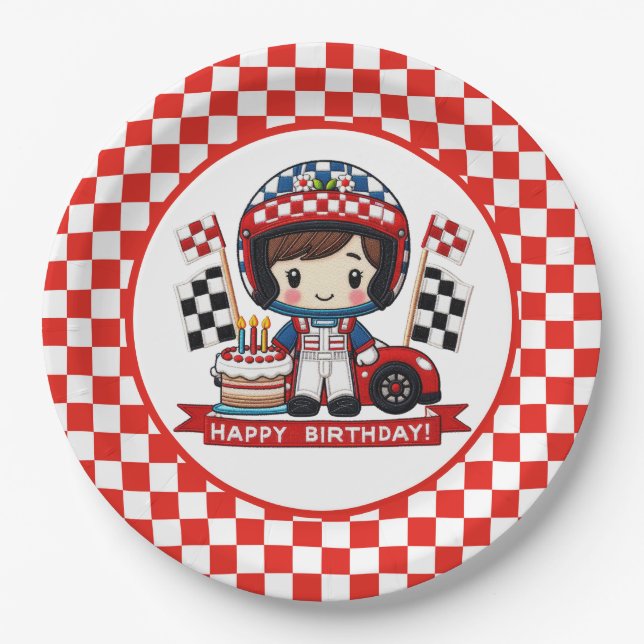 Kids Racecar Driver's Birthday Paper Plates (Front)