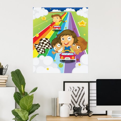 Kids Racing On A Rainbow Poster