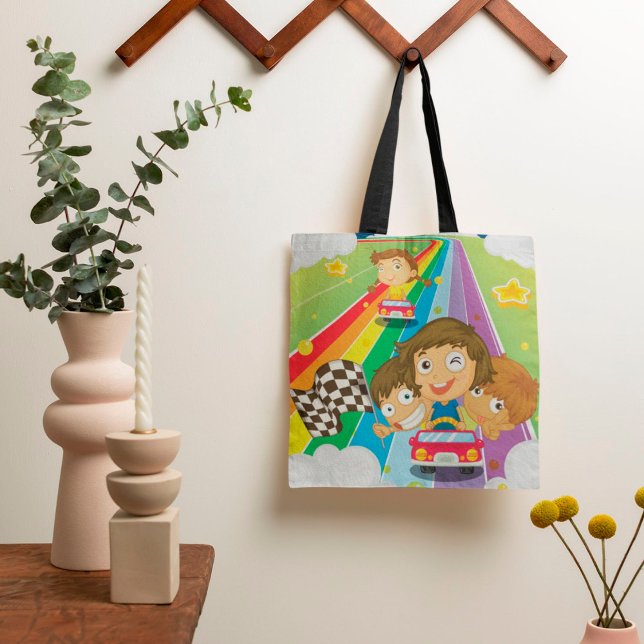 Kids Racing On A Rainbow Tote Bag (Creator Uploaded)